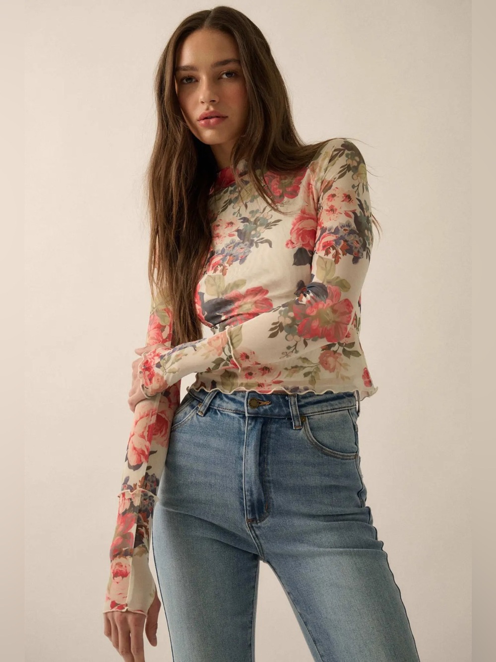 PROMESA Mesh Floral Long Sleeve Thumb Holes Lettuce Edged Round Neck